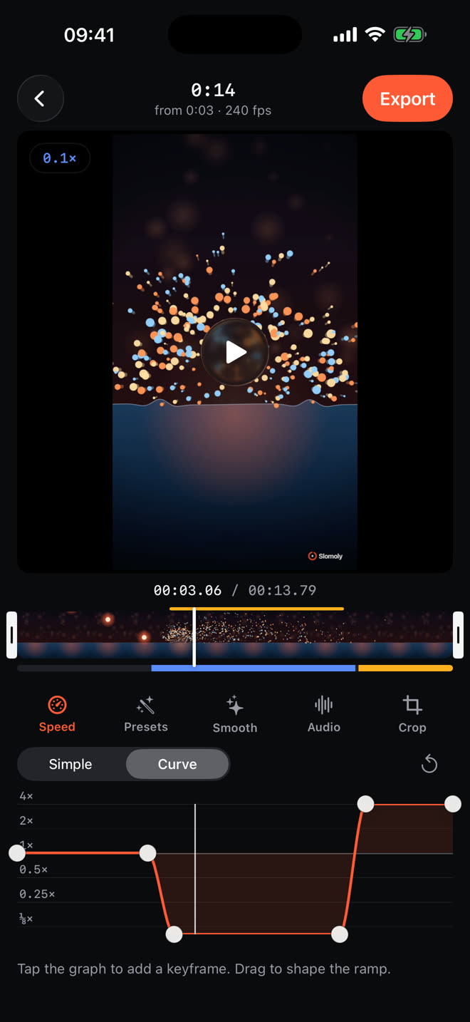 Speed curve editor with a slow section dipping to one eighth speed
